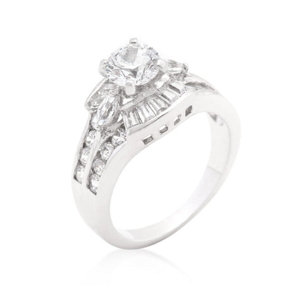 Centennial Ring in rhodium plated over lead free alloy (brass) with baguette and round genuine cubic zirconia in bar settings
