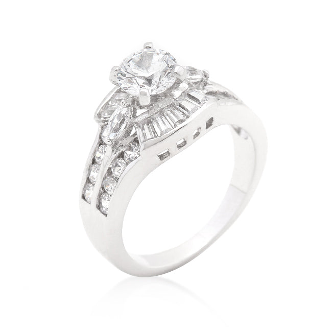 Centennial Ring in rhodium plated over lead free alloy (brass) with baguette and round genuine cubic zirconia in bar settings