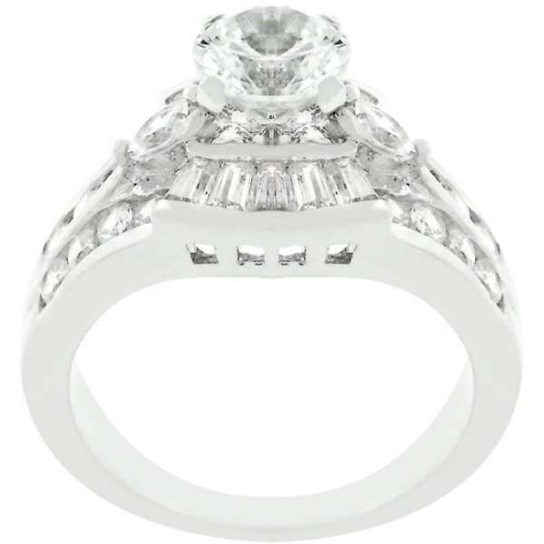 rhodium plated over lead free alloy (brass) ring with genuine cubic zirconia, baguette and round cuts, and bar settings