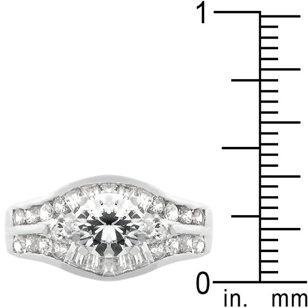 Bar-set baguette and round genuine cubic zirconia ring in rhodium plated over lead free alloy (brass)
