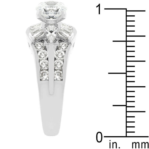 Classic rhodium plated over lead free alloy (brass) ring with 4.4 ct total stone weight of genuine cubic zirconia