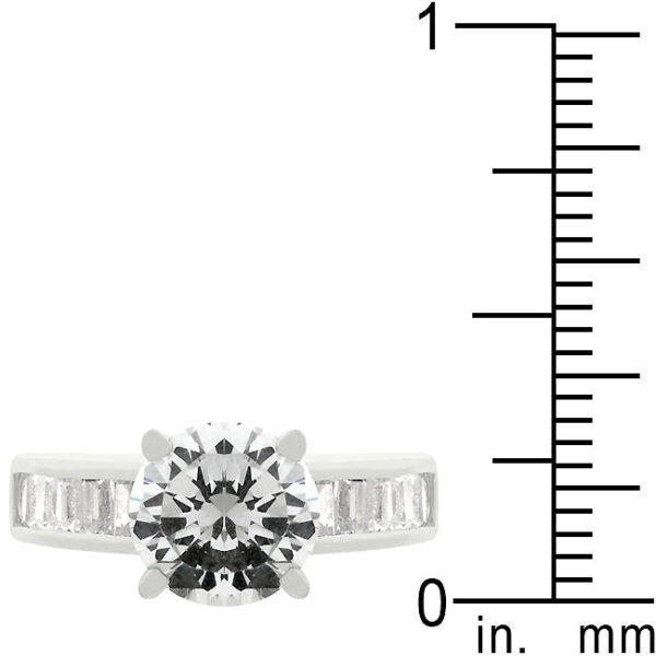Genuine cubic zirconia engagement ring in rhodium plated over lead free alloy (brass), featuring baguette and round cuts.