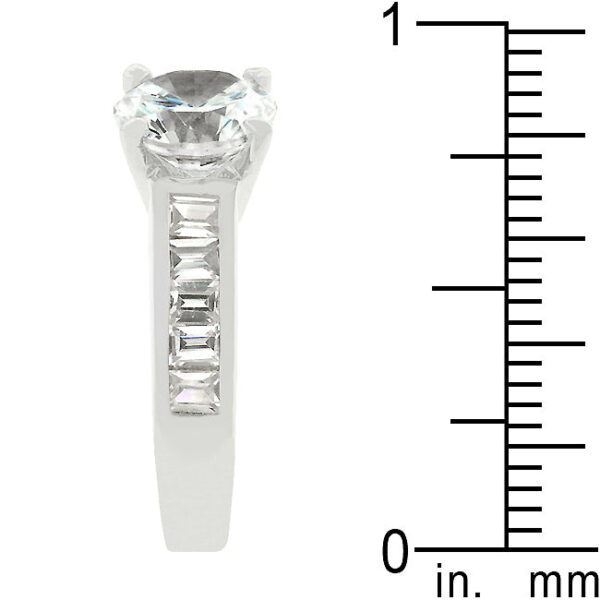 Classic rhodium plated over lead free alloy (brass) engagement ring with channel-set genuine cubic zirconia and 3 ct total stone weight.