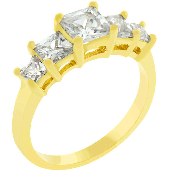 Five princess-cut cubic zirconia stones in prongs on a ring with gold tone finish over lead free alloy (brass).