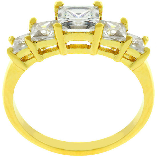 5-stone ring with princess-cut cubic zirconia in prongs and gold tone finish over lead free alloy (brass).