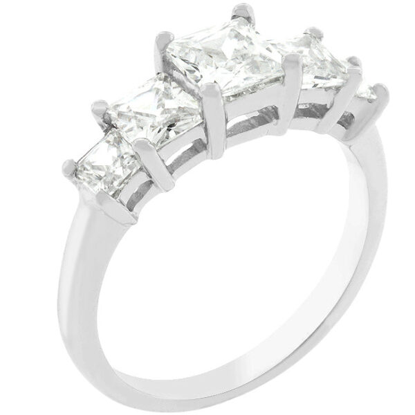 5 princess-cut cubic zirconia stones in prongs on a rhodium plated over lead free alloy (brass) ring.