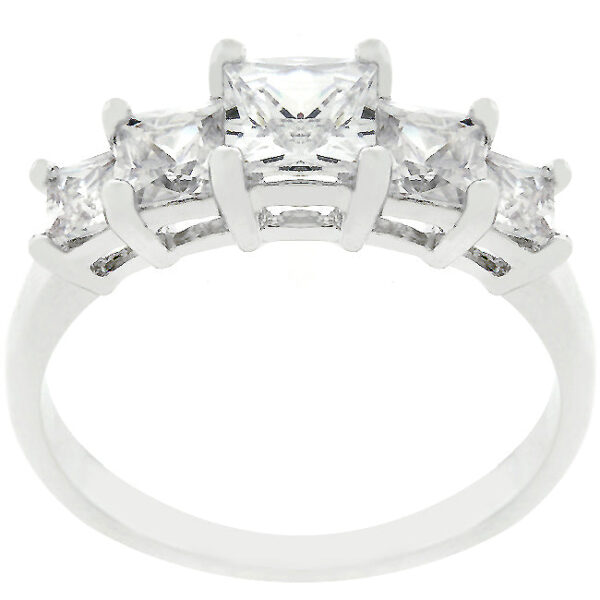 Rhodium plated over lead free alloy (brass) ring with 5 princess-cut cubic zirconia stones in prongs.