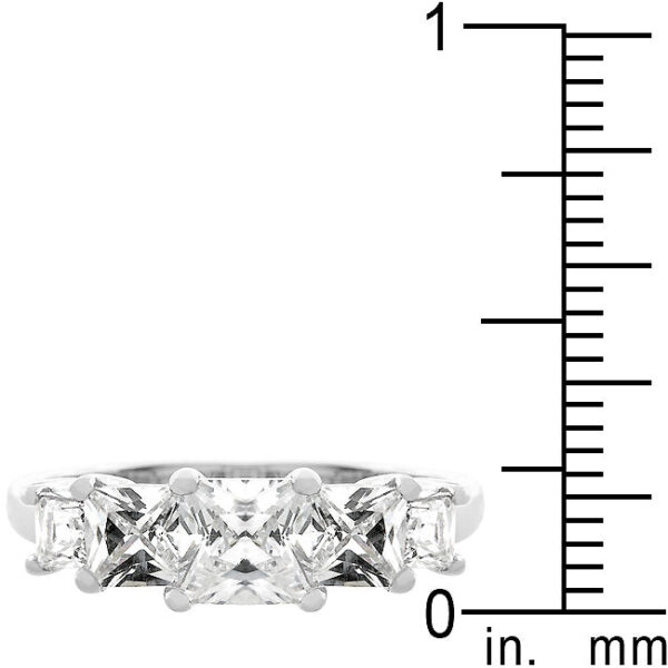 Princess-cut cubic zirconia ring with 5 stones, 1.59 ct total stone weight, and rhodium plated over lead free alloy (brass).