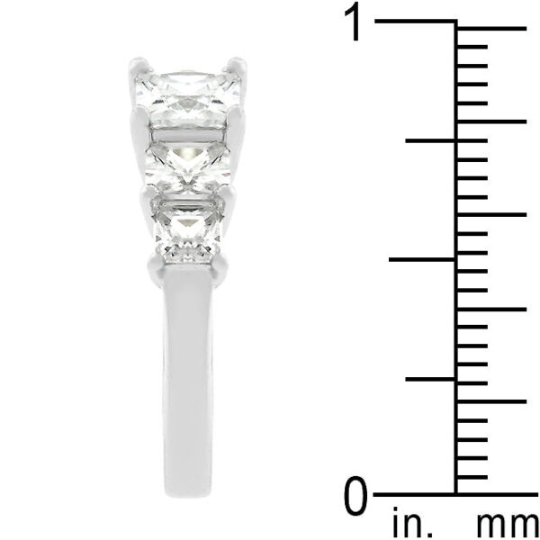Rhodium-plated ring over lead free alloy (brass), with princess-cut cubic zirconia in prongs.