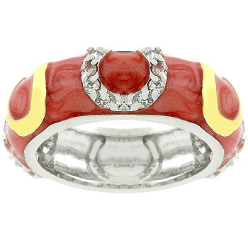 Pink enamel double horseshoe ring with prong-set cubic zirconia and gold tone over lead free alloy (brass).