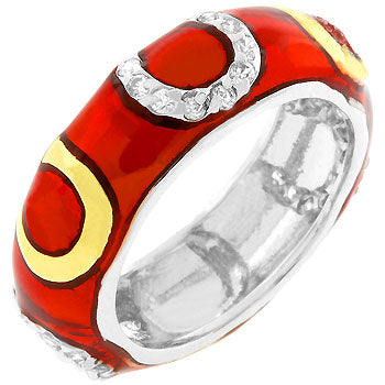 Horseshoe enamel ring with clear genuine cubic zirconia in prongs and gold tone over lead free alloy (brass).