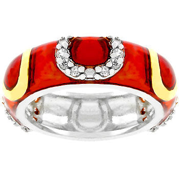 Enamel horseshoe ring in gold tone over lead free alloy (brass) with clear genuine cubic zirconia in prongs.