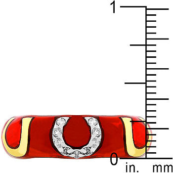 Clear genuine cubic zirconia in prongs on a horseshoe enamel ring with gold tone over lead free alloy (brass).