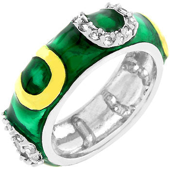 The ring with cubic zirconia in prongs and a gold tone over lead free alloy (brass) finish.