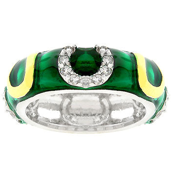 Horseshoe ring with green enamel, prong-set cubic zirconia, and gold tone over lead free alloy (brass) finish.