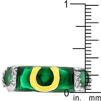Green enamel ring with cubic zirconia in prongs and a gold tone over lead free alloy (brass) finish.