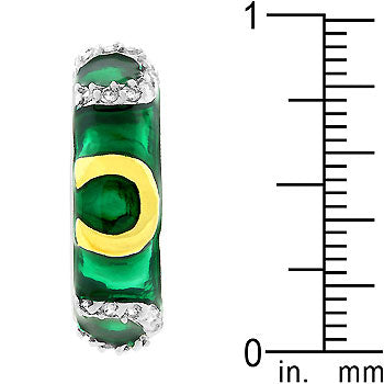Cubic zirconia horseshoe ring with green enamel and gold tone over lead free alloy (brass) finish.