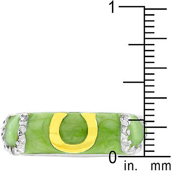 Green enamel horseshoe motif in gold tone over lead free alloy (brass) with genuine cubic zirconia.