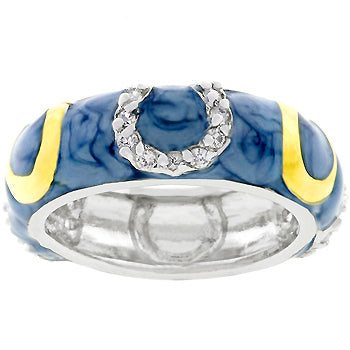 Blue enamel horseshoe motif with genuine cubic zirconia in prongs and gold tone over lead free alloy (brass).