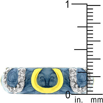 Genuine cubic zirconia horseshoe ring with blue enamel, prong settings, and gold tone over lead free alloy (brass).