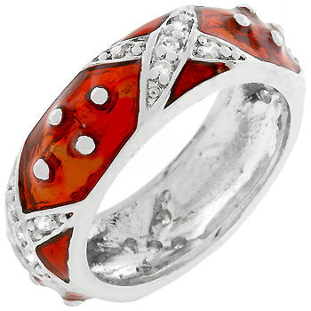 Marbled red enamel ring with ruby-colored cubic zirconia in prong settings and rhodium plated over lead free alloy (brass).