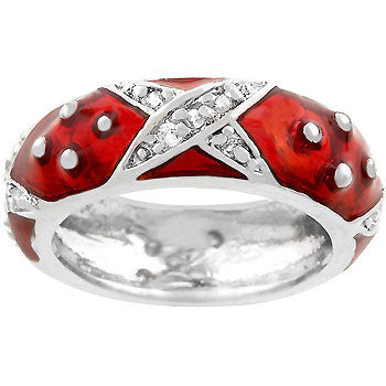Ruby-colored cubic zirconia and the ring, rhodium plated over lead free alloy (brass).