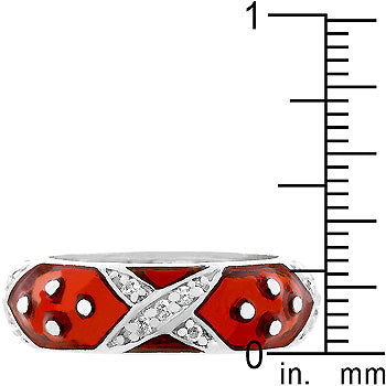 Marbled red enamel fashion ring with prong-set ruby-colored cubic zirconia and 1 ct total stone weight.