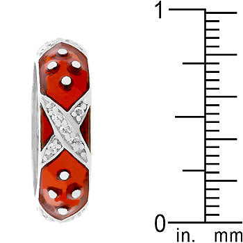 Rhodium plated over lead free alloy (brass) ring with marbled red enamel and ruby-colored cubic zirconia.