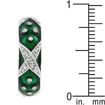 Rhodium plated over lead free alloy (brass) ring with green enamel.