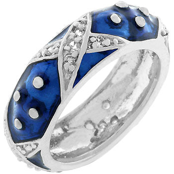 Marbled blue enamel ring with blue round cubic zirconia in prongs.