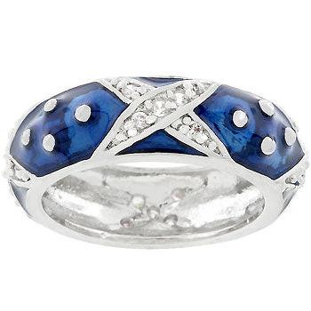 Blue round cubic zirconia prong-set ring with marbled blue enamel.