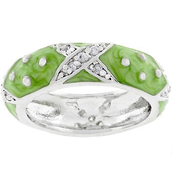 Apple green marbled enamel ring with cubic zirconia in prongs and rhodium plated over lead free alloy (brass).