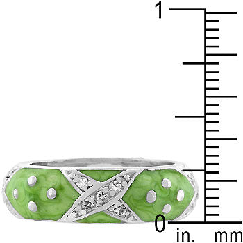 Green enamel ring with cubic zirconia in prongs, 1 ct total stone weight, rhodium plated over lead free alloy (brass).