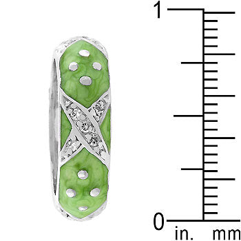 The ring design with cubic zirconia in prongs on rhodium plated over lead free alloy (brass).