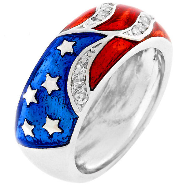Patriot enamel ring in rhodium plated over lead free alloy (brass) with clear round cubic zirconia in prongs.