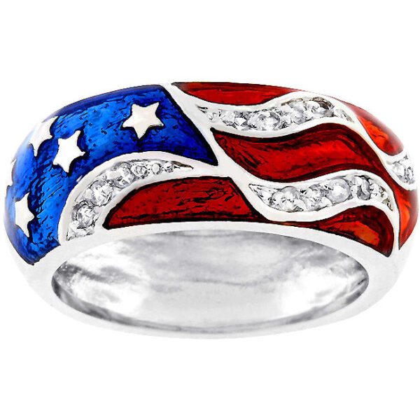Enamel patriot ring, rhodium plated over lead free alloy (brass), with All Clear round cubic zirconia in prongs.