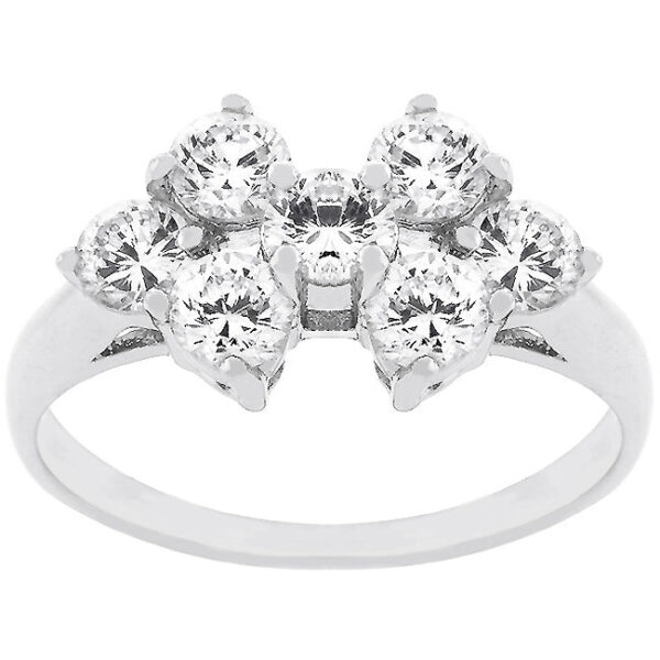 Rhodium plated over lead free alloy (brass) floral ring with clear round cubic zirconia.