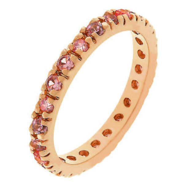 Pink eternity ring with round cubic zirconia in a channel setting, 0.6 (ct) total carat weight, and 18K rosegold plated over lead free alloy (brass).