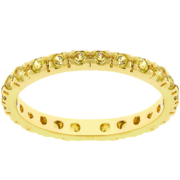 3-stone eternity ring with yellow, round cubic zirconia, a channel setting, and gold tone finish over lead free alloy (brass).