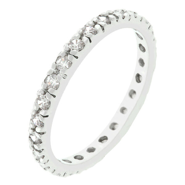 Clear round cubic zirconia eternity ring in prongs, rhodium plated over lead free alloy (brass).