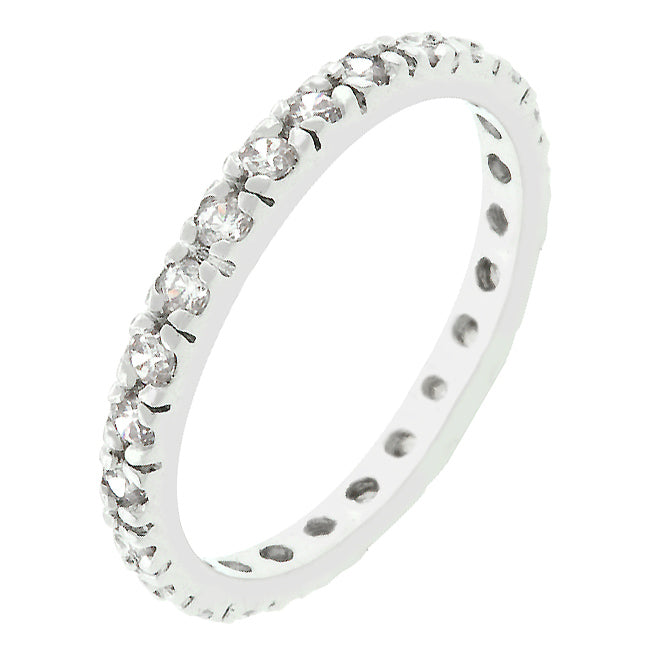 Clear round cubic zirconia eternity ring in prongs, rhodium plated over lead free alloy (brass).