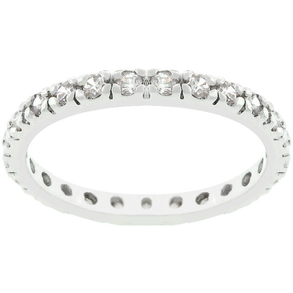 Eternity ring with clear round cubic zirconia in prongs, rhodium plated over lead free alloy (brass).