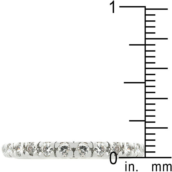 Clear round genuine cubic zirconia eternity ring, rhodium plated over lead free alloy (brass).