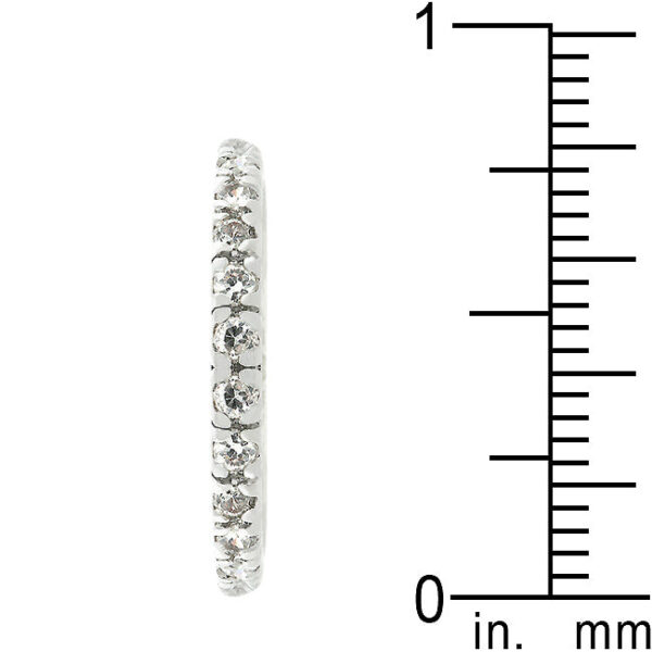 Round cubic zirconia prong-set eternity ring, rhodium plated over lead free alloy (brass).