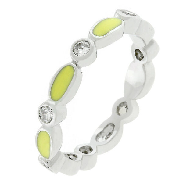 Link enamel stacker ring with white round cubic zirconia in bezel settings, rhodium plated over lead free alloy (brass).
