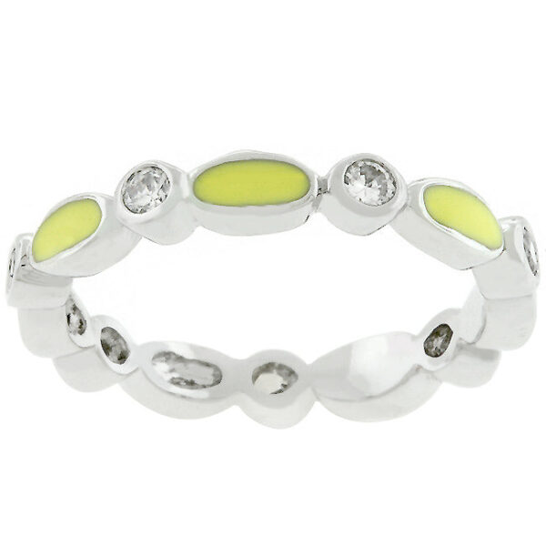 Contemporary floral enamel ring with white round genuine cubic zirconia in bezel settings and 0.14 ct total carat weight.