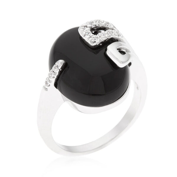Black egg ring with onyx and round cubic zirconia in a Pave setting, rhodium plated over lead free alloy (brass).