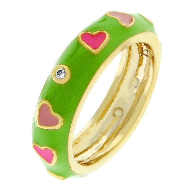 Tropical enamel hearts ring with cubic zirconia in a bezel setting and gold tone finish over lead free alloy (brass).