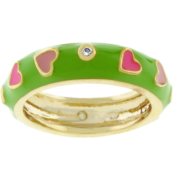 Enamel heart ring with cubic zirconia and gold tone finish over lead free alloy (brass).