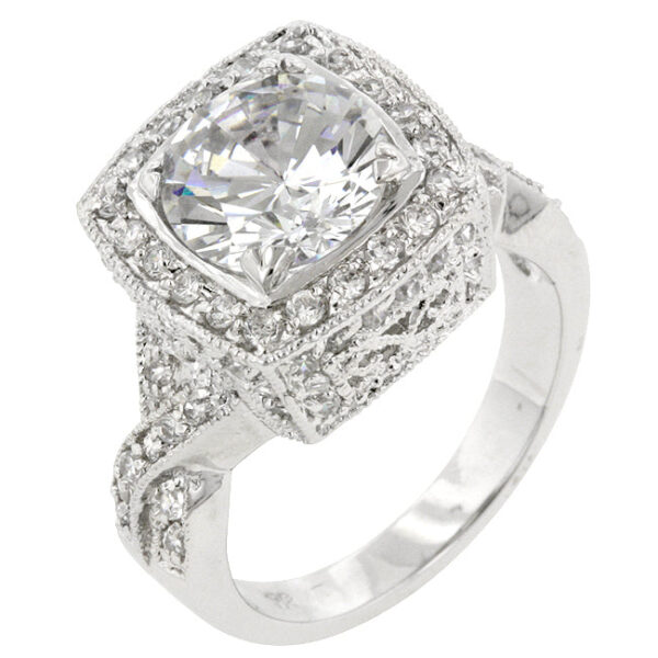 Pink round cubic zirconia bezel ring in rhodium plated over lead free alloy (brass), with 3.74 ct total stone weight.